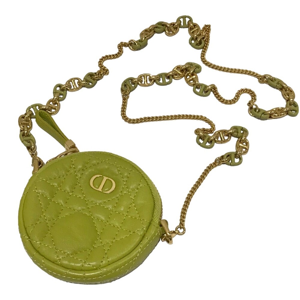 Christian Dior Cannage Shoulder Bag Caro Round Pouch Lime Green Yellow